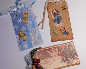 SALE - Set of Three Handmade Vintage Look Christmas and Holiday Gift Tags - Angels