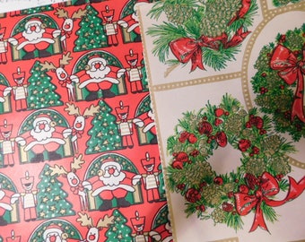 Two Sheets of Vintage Christmas Santa Wrapping Paper - 1970's