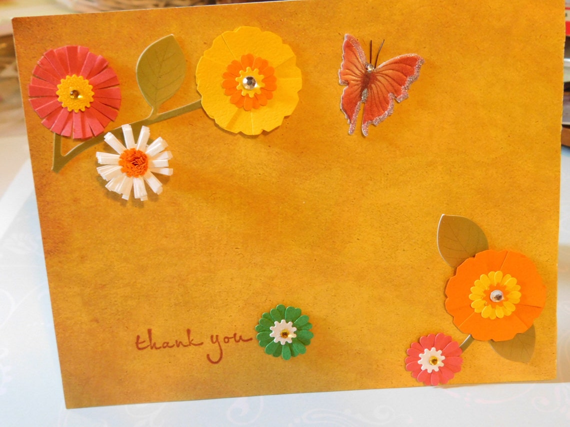Thank You Card - Handmade With Flowers and Butterflies - Etsy