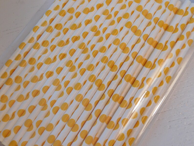 Set of 40 Paper Party Straws Yellow Polka Dots image 1