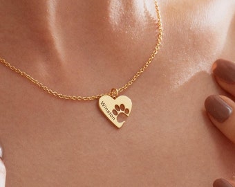 Personalized Paw Name Necklace, Heart Pendant with Paw Print Necklace, Minimalist Necklace, Pet Memorial Gift, Dog Mom Gift, Cat Mom Gift