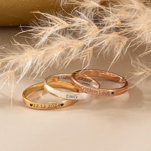 Bague personnalisée, nom personnalisé, bague gravée des deux côtés, anneaux nominatifs empilables unisexes, bague personnalisée fine, cadeau d'anniversaire pour elle