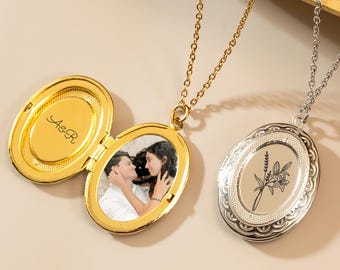 Gold Oval Medaillon Halskette mit Foto, benutzerdefinierte Geburt Blumen Medaillon Halskette, Foto Halskette, Erinnerungsgeschenk, Geschenk für Mutter, Muttertagsgeschenk