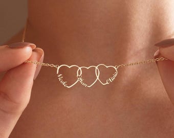 Collana con nome di famiglia e cuore, collana con più cuori, gioielli con nomi di bambini per la mamma