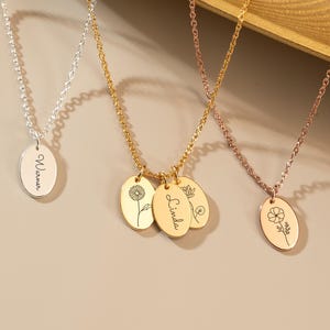 Custom Birth Flower Name Necklace, Tiny Tag Necklace, Kid's Name Necklace, Family Necklace, Gift for Her, Gift for Mom, Christmas Gift