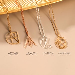 May include: Four gold, silver, and rose gold necklaces with geometric pendants featuring the letters A, J, P, and C. The necklaces are displayed on a gold background with the names Archie, Jaxon, Patrick, and Caroline written below each pendant.