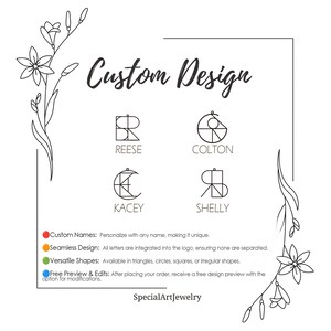 May include: A white background with black line drawings of floral designs and four different custom logo designs. The logos are for the names Reese, Colton, Kacey, and Shelly. The text "Custom Design" is at the top of the image. The text "SpecialArtJewelry" is at the bottom of the image. Below the logos, there is a list of bullet points describing the features of the custom logo designs.