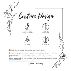 May include: Custom design for jewelry with geometric shapes and names like Catherine, Arion, Julia, and Sophie. The design is seamless and available in various shapes, including triangles, circles, squares, and irregular shapes. Free design preview and edits are available after placing an order.