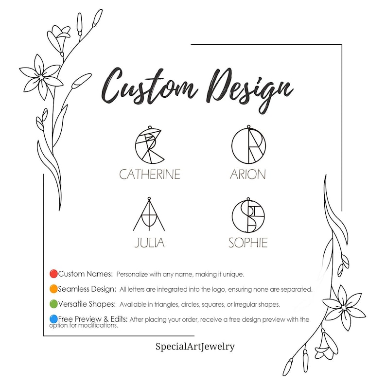 May include: Custom design for jewelry with geometric shapes and names like Catherine, Arion, Julia, and Sophie. The design is seamless and available in various shapes, including triangles, circles, squares, and irregular shapes. Free design preview and edits are available after placing an order.