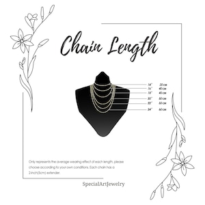 K&ouml;nnte beinhalten: Ein Diagramm, das verschiedene Kettenl&auml;ngen f&uuml;r Halsketten zeigt, von 14 Zoll bis 24 Zoll. Die L&auml;ngen sind sowohl in Zoll als auch in Zentimetern gekennzeichnet. Der Text "Chain Length" befindet sich oben im Bild. Der Text "Only represents the average wearing effect of each length, please choose according to your own conditions. Each chain has a 2-inch(5cm) extender. SpecialArtJewelry" befindet sich unten im Bild.