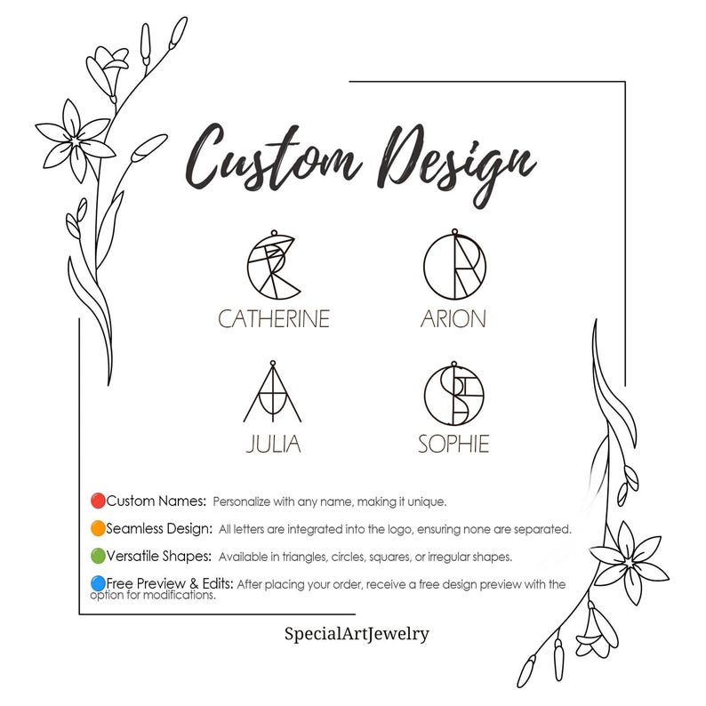 Peut inclure: Exemples de bijoux personnalis&eacute;s avec les noms Catherine, Arion, Julia et Sophie. L'image pr&eacute;sente les noms dans un design unique et sans couture. Les bijoux sont disponibles en diff&eacute;rentes formes, avec une option de pr&eacute;visualisation et de modification gratuite.