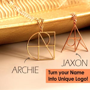 May include: Two gold necklaces with geometric pendants. The pendant on the left is a square with a circle and lines inside. The pendant on the right is a triangle with a circle inside. The text "ARCHIE" is below the left pendant and the text "JAXON" is below the right pendant. The text "Turn your Name Into Unique Logo!" is below the pendants.