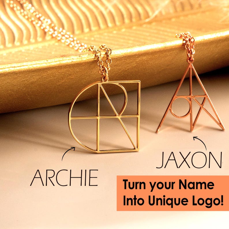 May include: Two gold necklaces with geometric pendants. The pendant on the left is a square with a circle and lines inside. The pendant on the right is a triangle with a circle inside. The text "ARCHIE" is below the left pendant and the text "JAXON" is below the right pendant. The text "Turn your Name Into Unique Logo!" is below the pendants.
