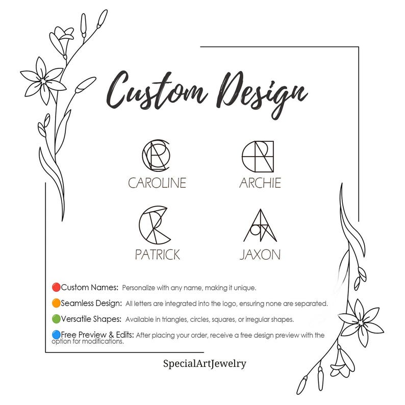 May include: Custom logo design for a name, with examples of the letters C, A, and P integrated into geometric shapes. The text "Custom Design" is at the top of the image. The text "SpecialArtJewelry" is at the bottom of the image.