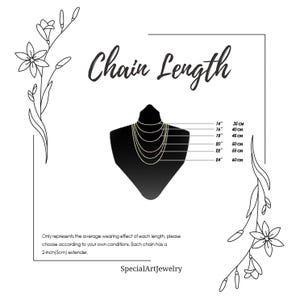 Peut inclure: Diagramme des longueurs de cha&icirc;nes de colliers. Un mannequin noir pr&eacute;sente plusieurs colliers dor&eacute;s de diff&eacute;rentes longueurs. Les mesures sont indiqu&eacute;es en pouces et en centim&egrave;tres, de 14 pouces (35 cm) &agrave; 24 pouces (60 cm). Le texte indique "Chain Length".