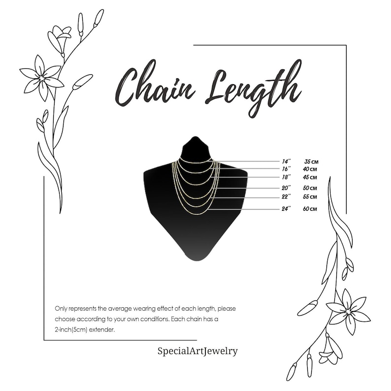 Peut inclure: Diagramme des longueurs de cha&icirc;nes de colliers. Un mannequin noir pr&eacute;sente plusieurs colliers dor&eacute;s de diff&eacute;rentes longueurs. Les mesures sont indiqu&eacute;es en pouces et en centim&egrave;tres, de 14 pouces (35 cm) &agrave; 24 pouces (60 cm). Le texte indique "Chain Length".