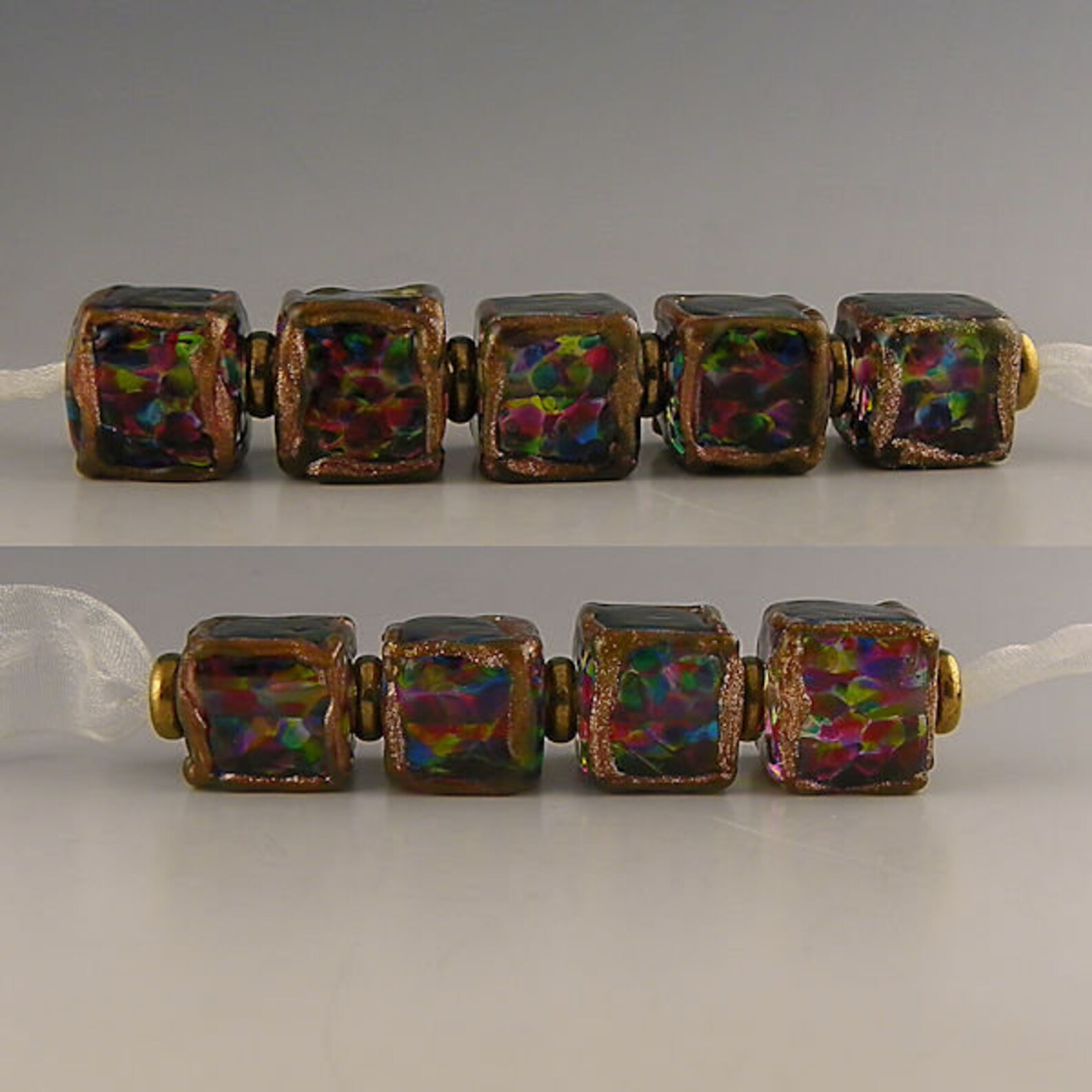 Stained glass look cube beads with goldstone edging handmade Etsy