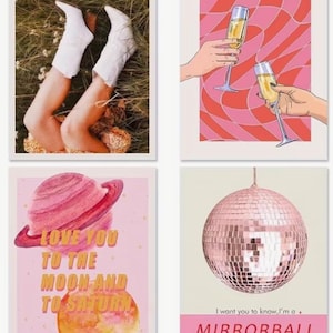 Preppy Wall Art Set – Aesthetic TS Posters | Mirrorball, Cowboy, Champagne, Moon & Saturn | Taylor Physical Prints