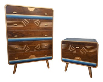 Conjunto de cômoda e mesa de cabeceira MCM pintado à mão