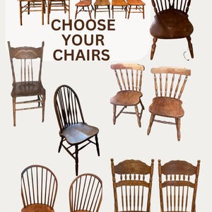 May include: A collection of antique wooden chairs in various styles, including ladder-back, spindle-back, and Windsor chairs. The image features chairs with different seat shapes and back designs, showcasing a range of vintage furniture options. Text on the image reads "CHOOSE YOUR CHAIRS" and "MILANVINTAGE.ETSY.COM".