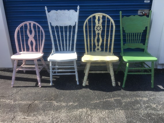 Mismatched Painted Wood Chairs: Set of Vintage Farmhouse Dining