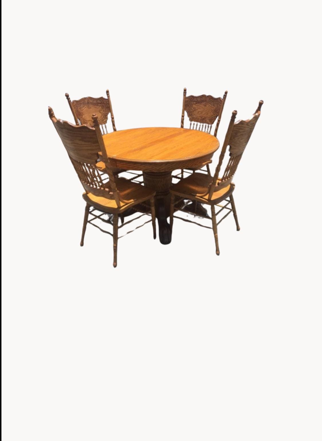 Vintage Solid Oak Round Pedestal Dining Table & 4 Carved Spindle