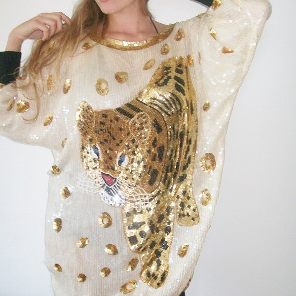 50 dollar SALE  Vintage sequin panther disco batwing  top blouse shirt dress. size med or lrg