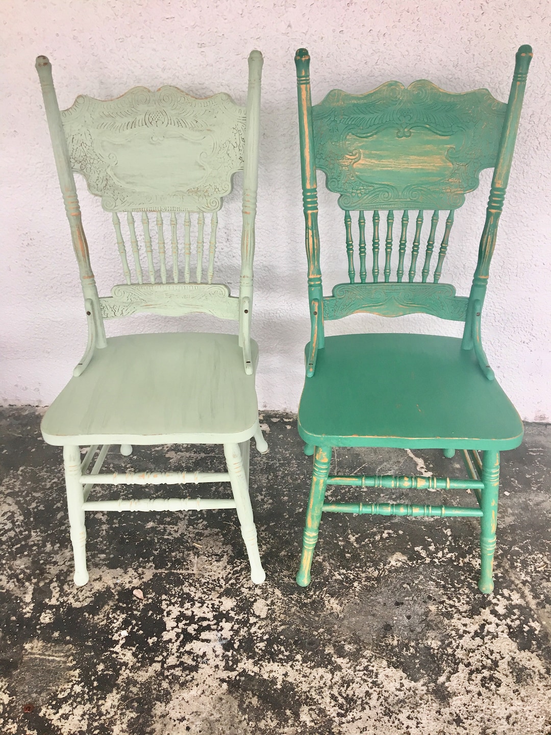 Vintage Wood Rustic Dining Chairs Set 2 Forest Green and Sea Green - Etsy