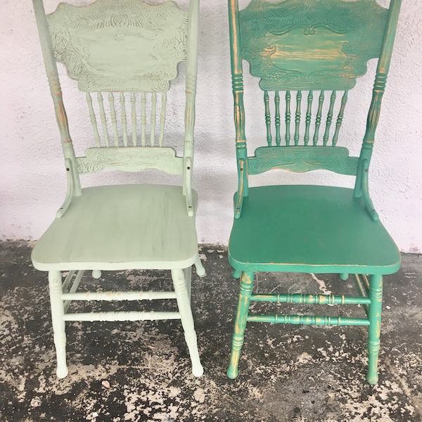 Vintage wood rustic dining chairs set 2 forest green  and sea green