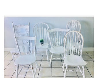 Custom all white Shabby Chic Farm Chairs: Set of 12 white chairs Mixed Colors, Cottagecore Dining