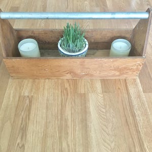 May include: A wooden tool box with a metal handle. The box contains two white candles and a small potted plant with green leaves.