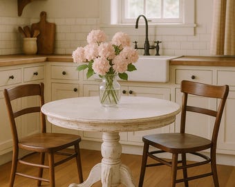 May include: A white farmhouse table with a distressed finish and two wooden chairs. The table is set with a bouquet of pink flowers in a clear glass vase.