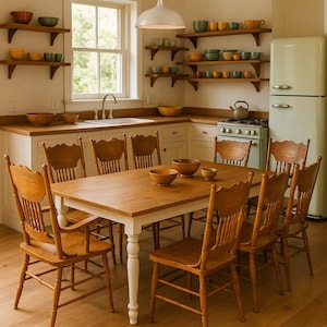 May include: A cozy kitchen scene featuring a wooden dining table with eight matching chairs. The room has wooden shelves displaying bowls in various colors. A vintage-style refrigerator and stove add to the warm, inviting atmosphere.