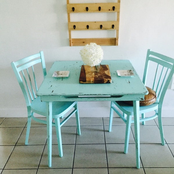 SPRING SALE Vintage shabby chic folding  kitchen table turquoise farmhouse  of a kind distressed table with 2 chairs