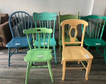 Painted chairs,dining chairs,kitchen chairs,farmhouse chairs,wood chairs, refinished chairs,six chairs,mis match colors and chairs