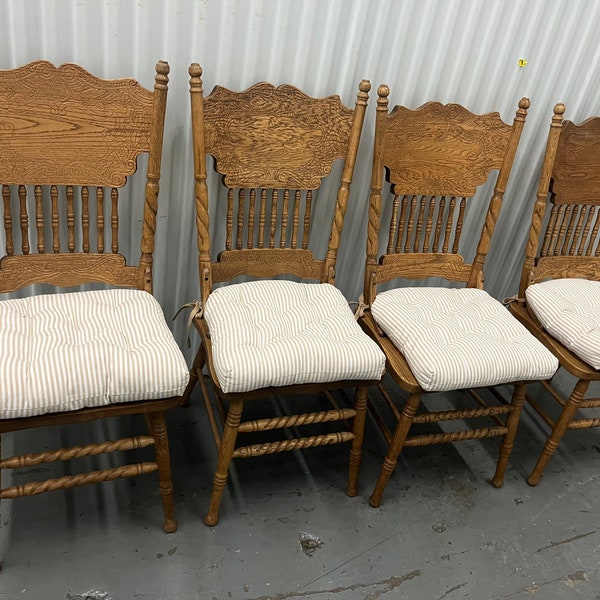 Vintage wood rustic dining chairs set 4 unpainted farmhouse chairs with cushions