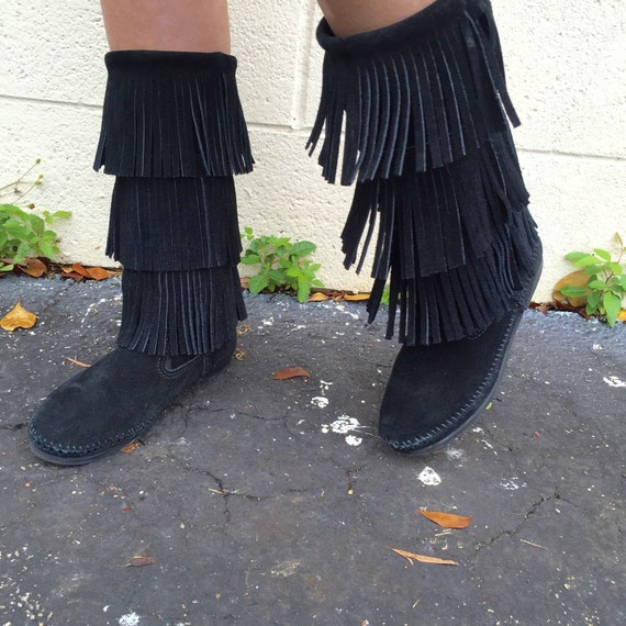 vintage black suede fringe minnetonka hippie boot… - image 3