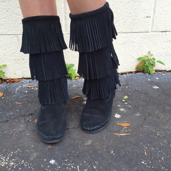 vintage black suede fringe minnetonka hippie boot… - image 2