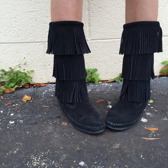 vintage black suede fringe minnetonka hippie boot… - image 4