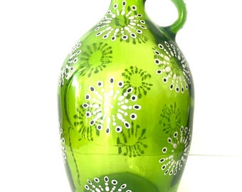Hand-Painted Vintage Glass Jug with Christmas Abstract Dot Design – Unique Boho Home Décor Vase or Art Bottle