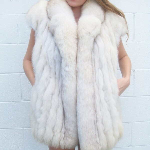 Hold for Elisa Vintage white blue fox fur oversized winter cozy vest size lrg or xl