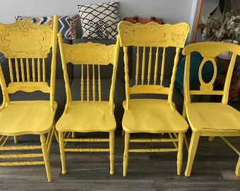 Painted chairs,dining chairs,kitchen chairs,farmhouse chairs,wood chairs, refinished chairs,four chairs,yellow chairs