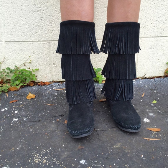 vintage black suede fringe minnetonka hippie boot… - image 1