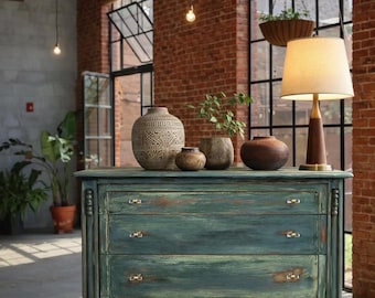 Vintage Teal Distressed Dresser | Solid Wood Statement Piece | Coastal Wabi Sabi Rustic Chest | Mid Century Boho Storage Cabinet