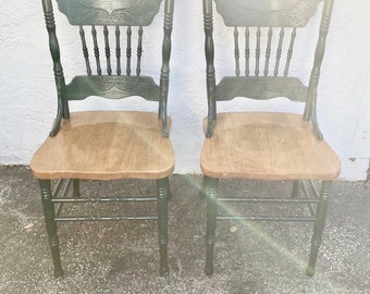 Shabby Chic Farm Chair Four  Antique Forest green and wood Custom chairs 4 painted and wood combo
