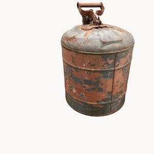 May include: A rusty metal gas can with a hinged handle. The can is painted a faded red and green color.