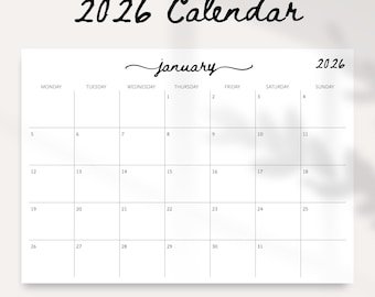 2026 Calendar, 2026 Monthly Planner Landscape Elegant Monthly Calendar Sunday Start, Monday Start 2026 Wall Calendar Monthly PRINTABLE PDF