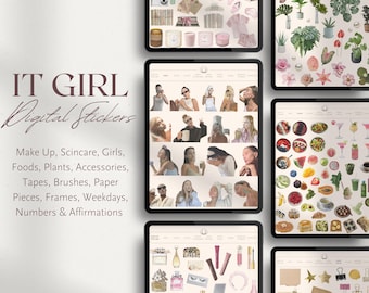 May include: A digital sticker set with the text "IT GIRL Digital Stickers" and a list of categories including make-up, skincare, girls, foods, plants, accessories, tapes, brushes, paper pieces, frames, weekdays, numbers, and affirmations. The stickers are displayed on a white background in a grid format.