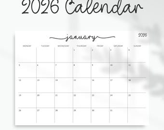 2026 Calendar, 2026 Monthly Planner Landscape Elegant Monthly Calendar Sunday Start, Monday Start 2026 Wall Calendar Monthly PRINTABLE PDF