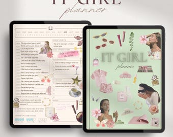 May include: A digital planner with a green background and the text "IT GIRL planner" in pink and white. The planner is decorated with various images, including butterflies, flowers, sunglasses, and a woman wearing a pink robe. The planner includes sections for daily affirmations, top priorities, to-do lists, and notes.